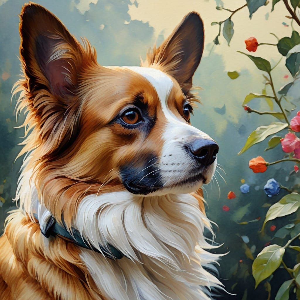 Multicolor Papillon Dog Portrait in Gouache Style