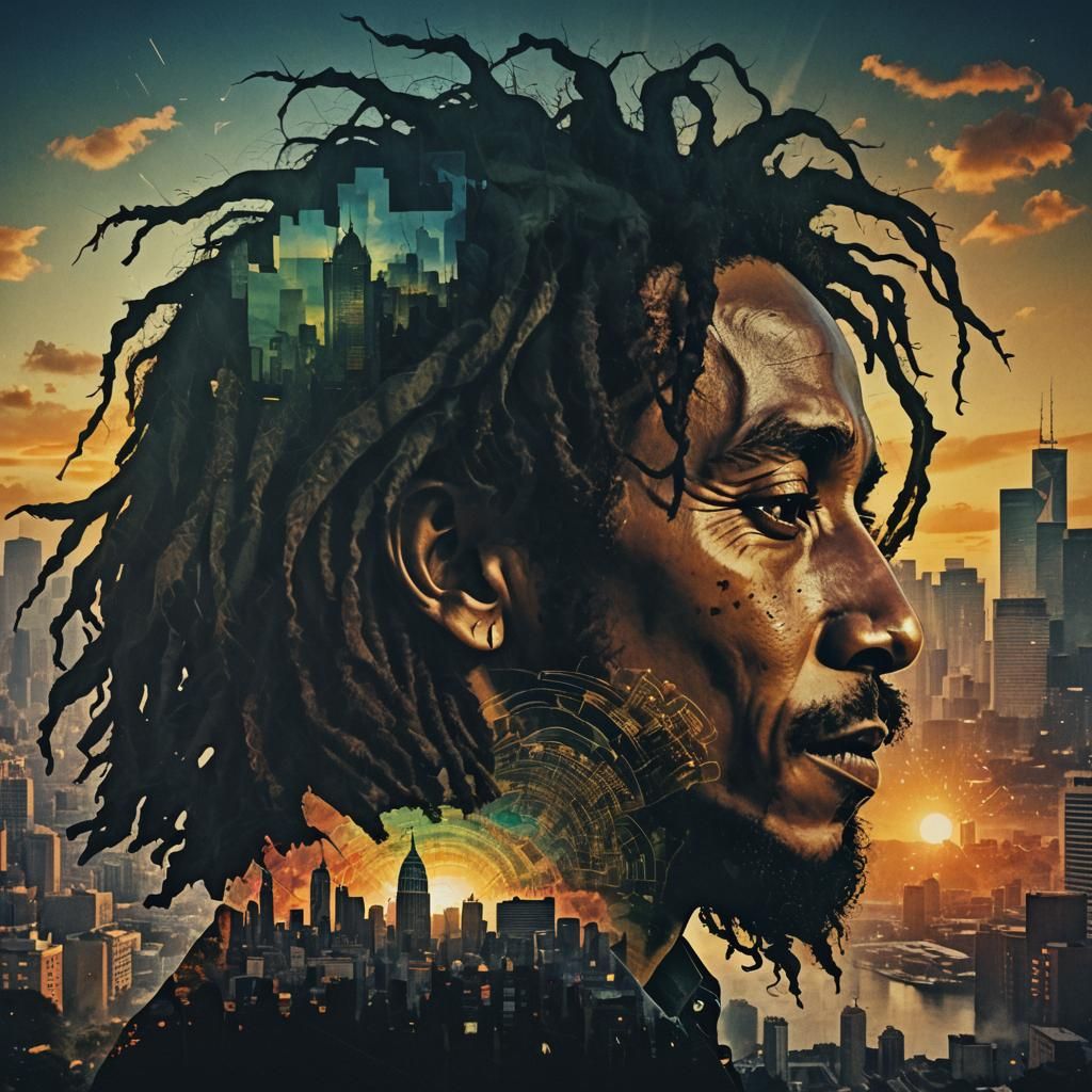 Bob Marley Silhouette with Cityscape Sunset