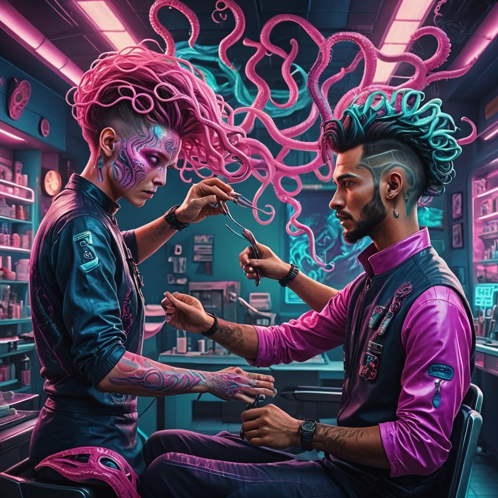 Alien Barber Styles Hair in Sci-Fi Salon