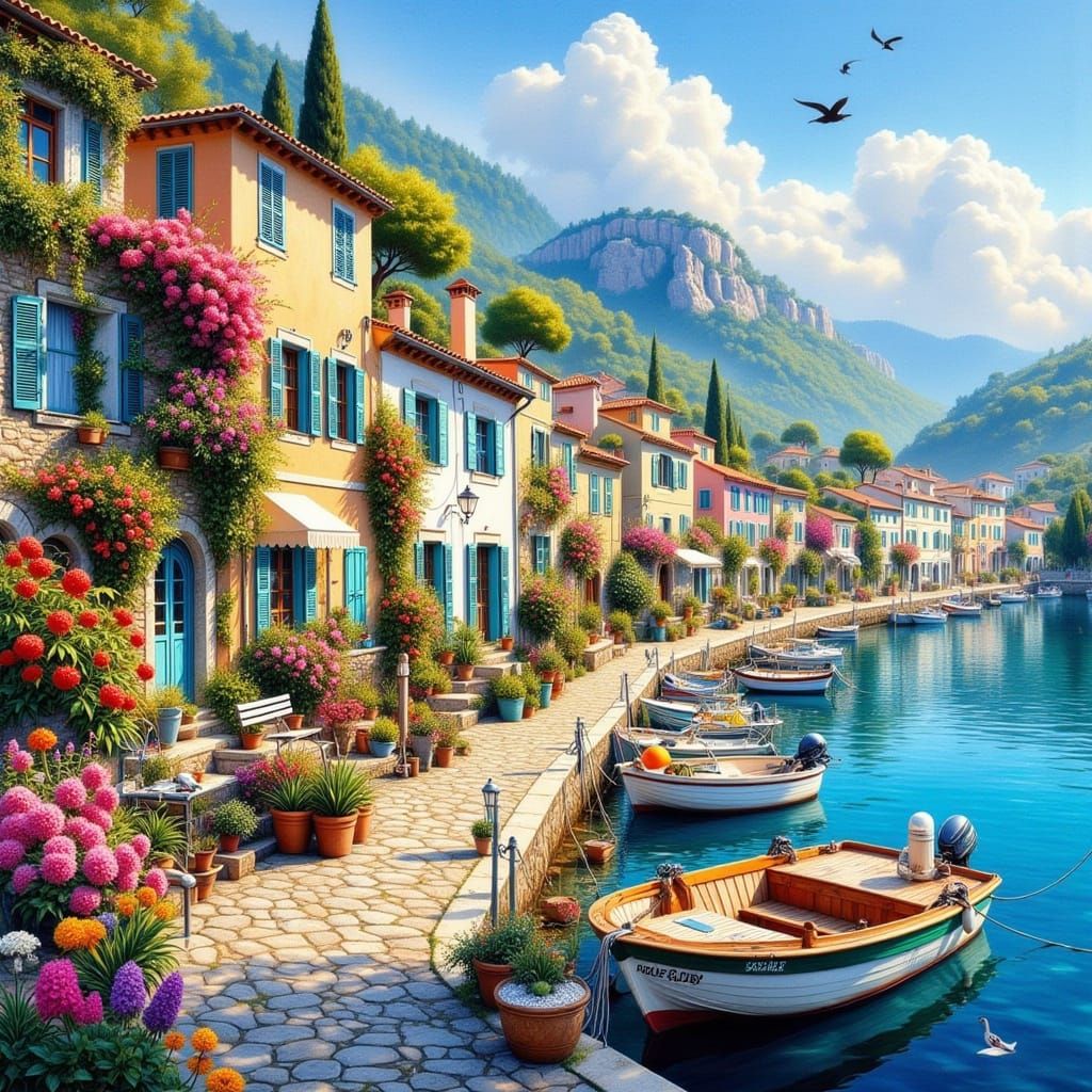 Vibrant Flower-Adorned Houses in Picturesque Harbor Town