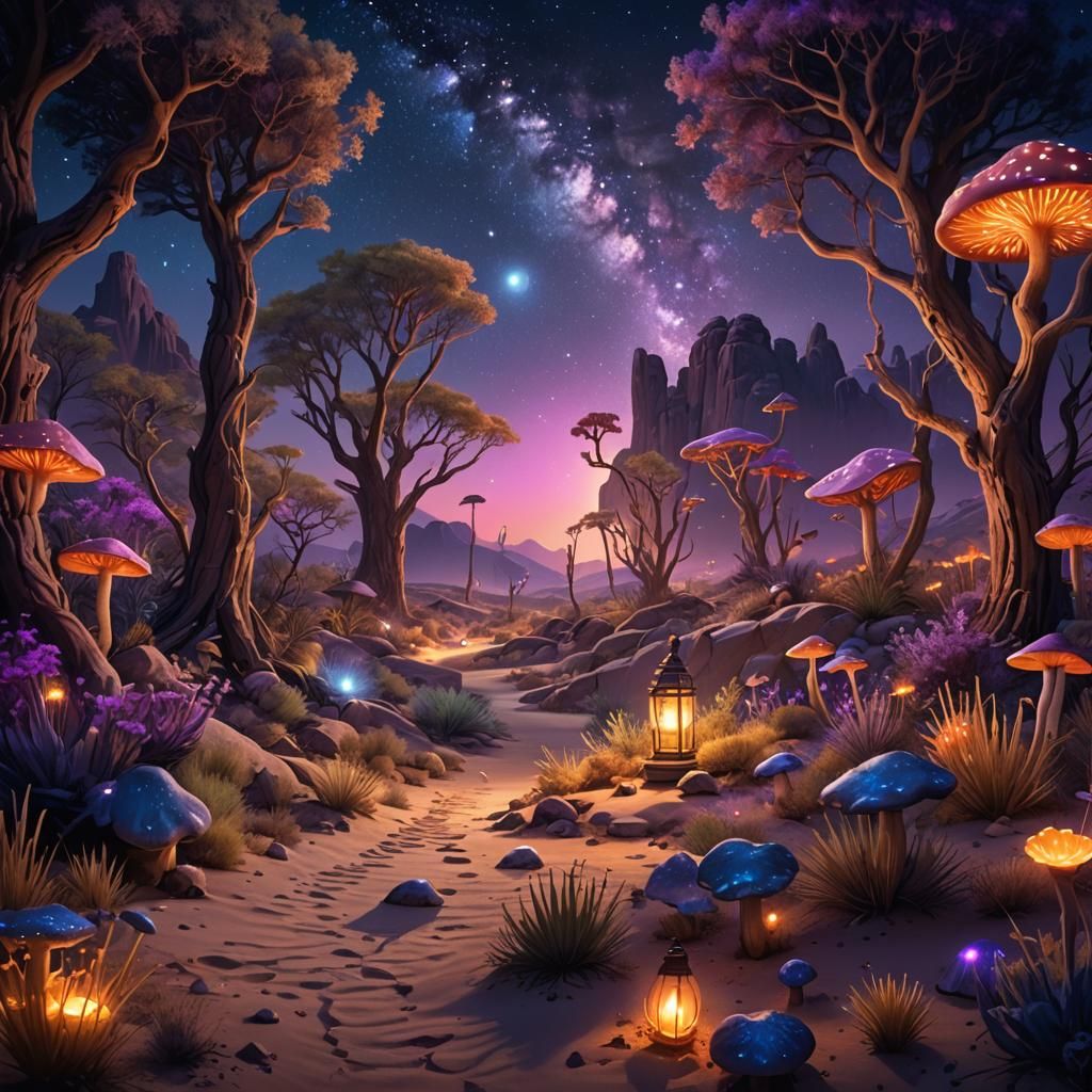 Magical Desert Oasis at Night: Fantasy Illustration