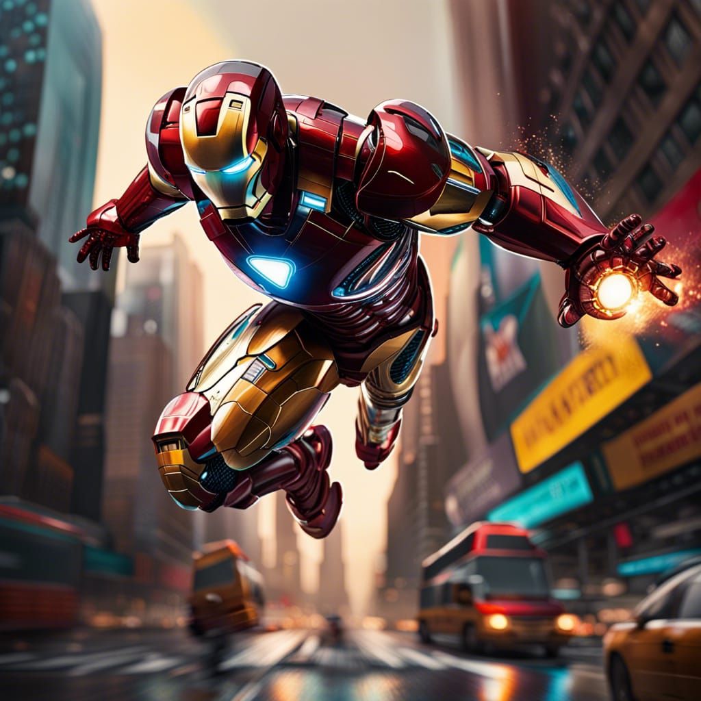 Iron Man Flies Over New York: Hyperrealistic Splash Art