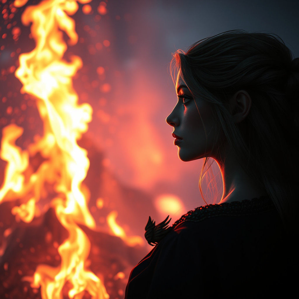Woman Stares into Fire: Detailed Matte Painting