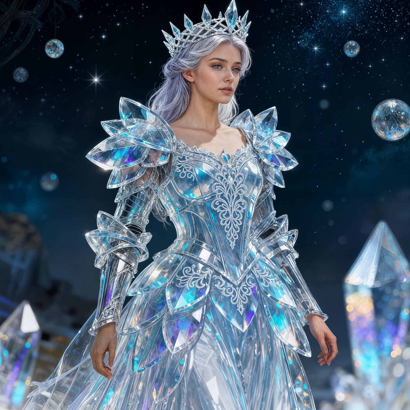 Fantasy Queen in Armor Styled as a Glass Dress