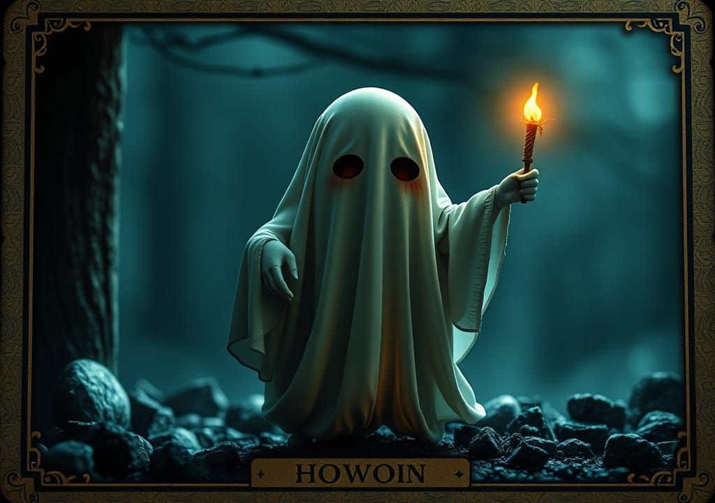 Kawaii Ghost Tarot Card: Hyperrealistic and Atmospheric