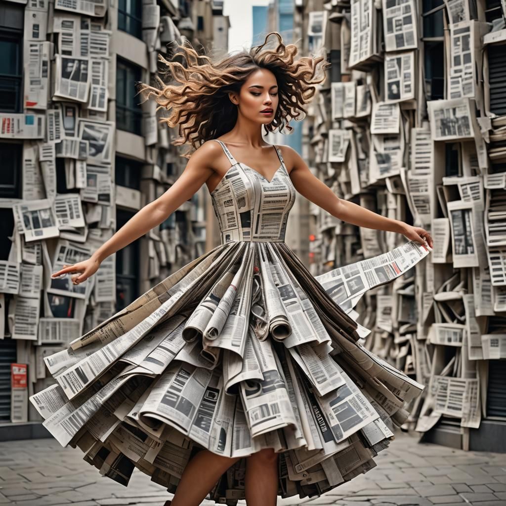 Elegant Girl in Newspaper Dress: Fine Art Photography