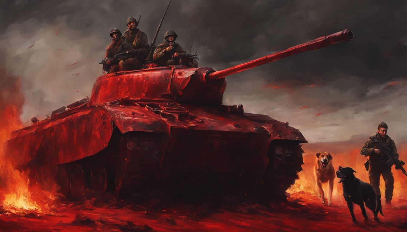 Surreal Warscape: Tank Riders in Apocalyptic Oil Painting