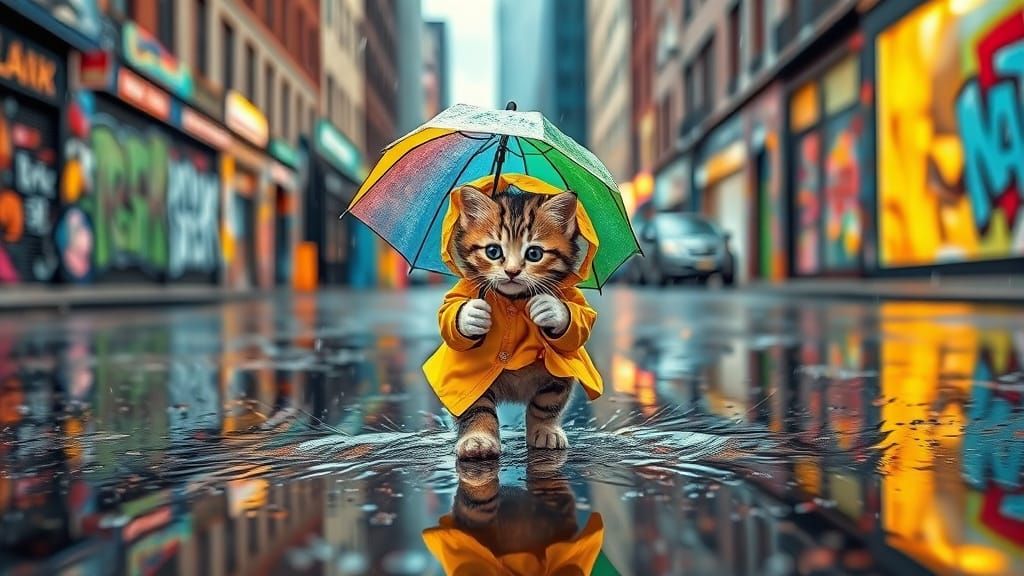 Kitten in a Bright Yellow Raincoat Plays in a Rainy City Str...