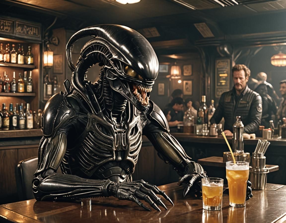 Xenomorph Relaxation: Alien Having Drinks at Bar