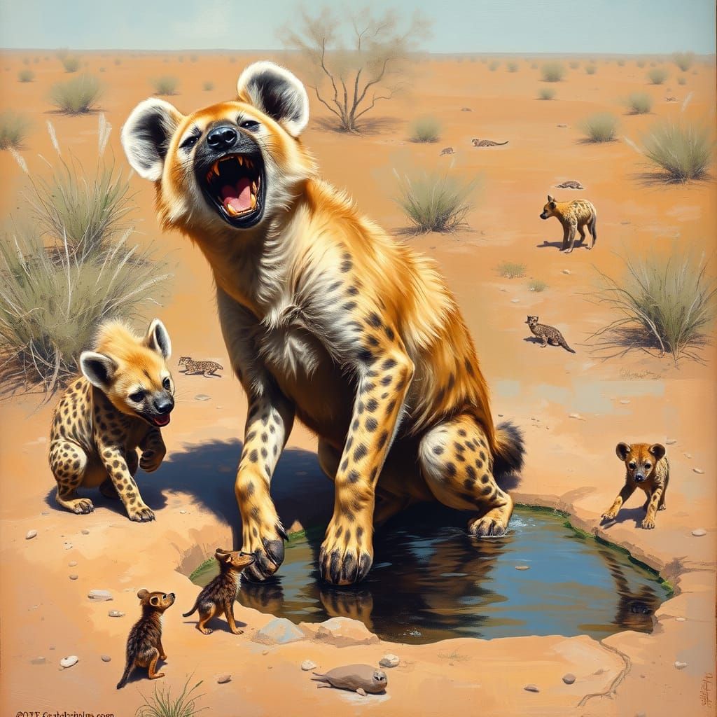 Joyful Hyenas Playing: An Australian Tonalism Oil Painting