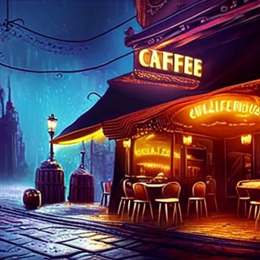 Mysterious Night Cafe in Detailed Matte Painting