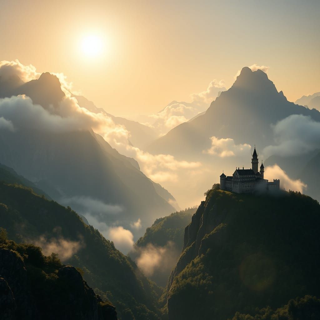 Epic Mountain Landscape with Castle in Cinematic Style
