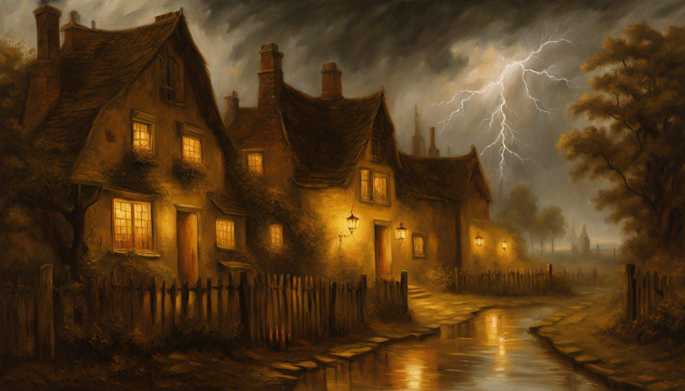 Renaissance Cottages in Storm with Dramatic Lighting