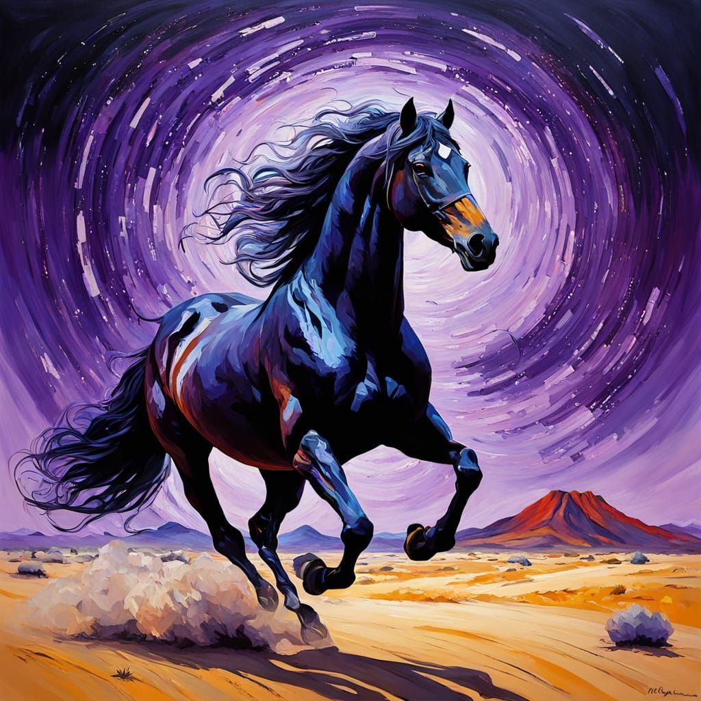Majestic Black Stallion Gallops Through Cosmic Desert