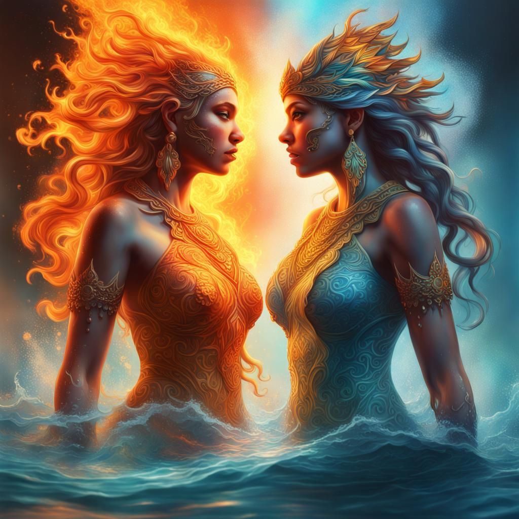 Water and Fire Goddesses Clash: Hyperrealistic Concept Art