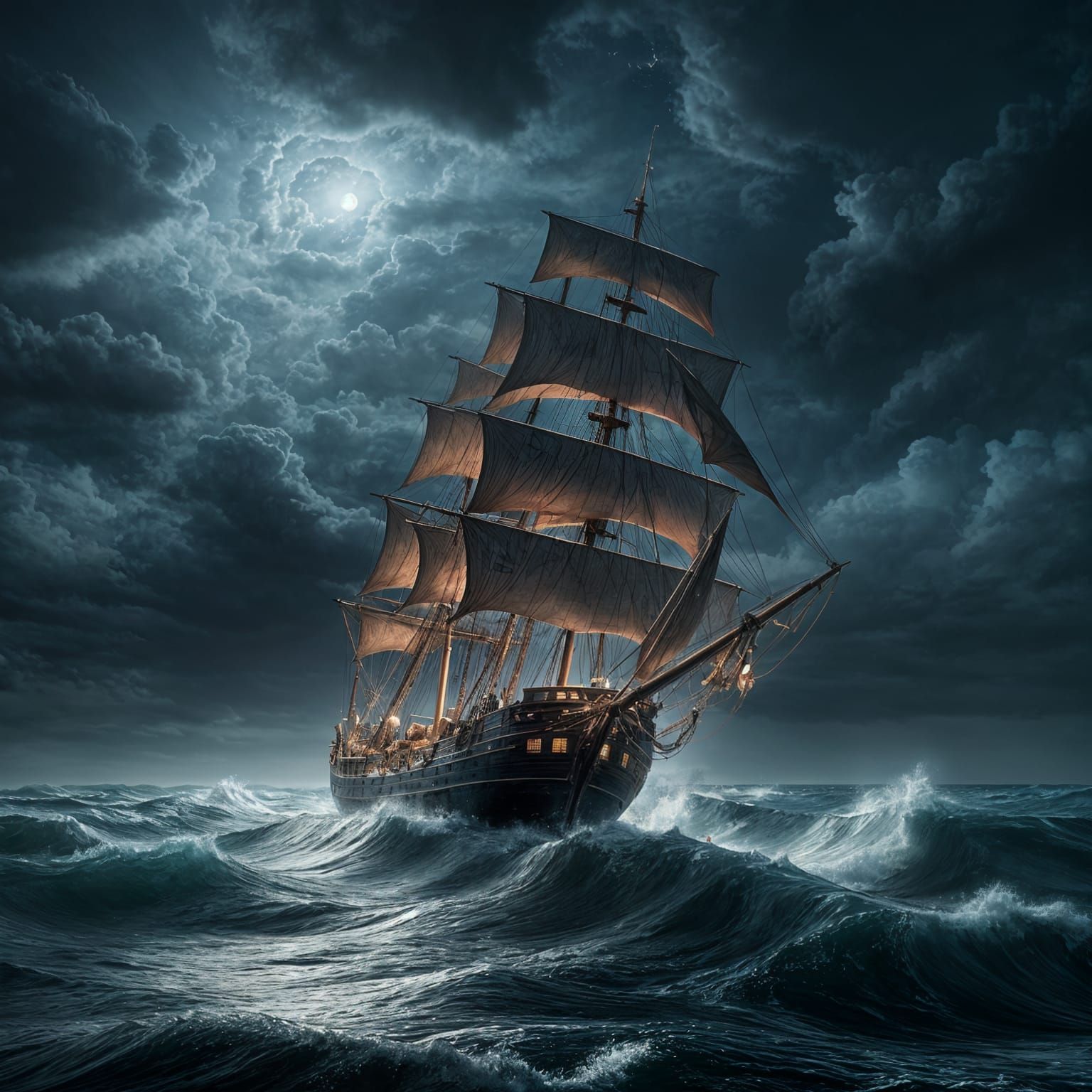 Schooner Sailing on an Angry Sea at Night