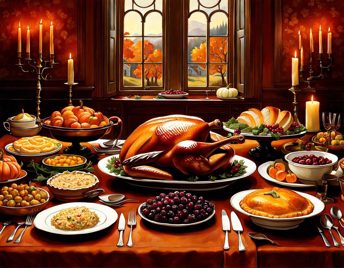 Detailed Thanksgiving Tablescape Illustration in Rockwell St...