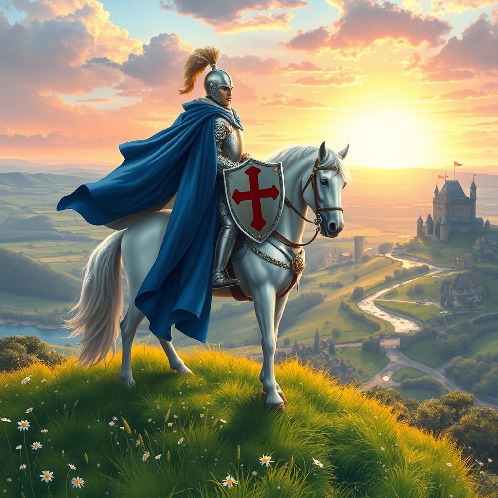 A gallant knight in shining armor, astride a majestic white horse