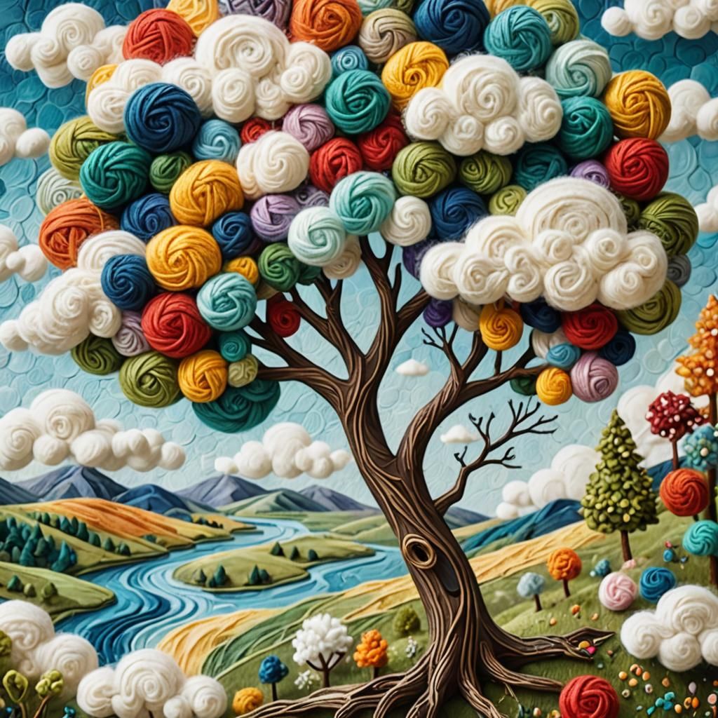 Yarn Tree, Clouds and River in Folk Art Style