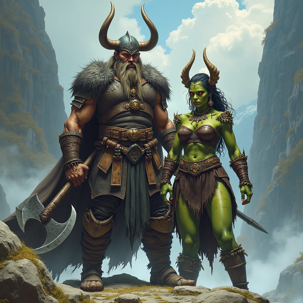 Viking Warrior and Orc in Fantasy Illustration Style
