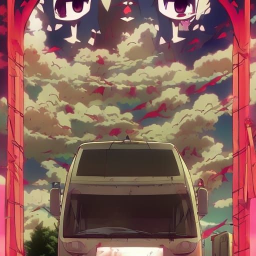 Skeleton Drives Camper Van in Anime Style