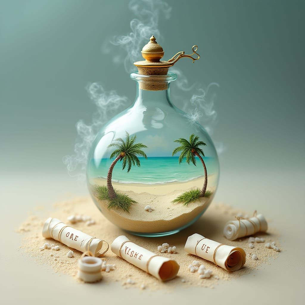 Genie Bottle Beach Scene: Dreamlike Realism