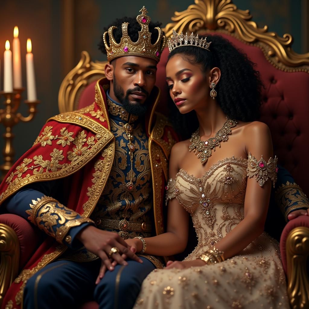 Regal Royal Couple on Throne in Opulent Jewels