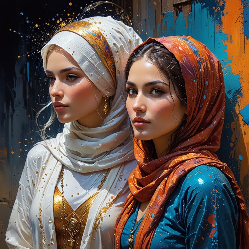 Neo-Impressionist Oil Painting of Twin Women in Hijabs