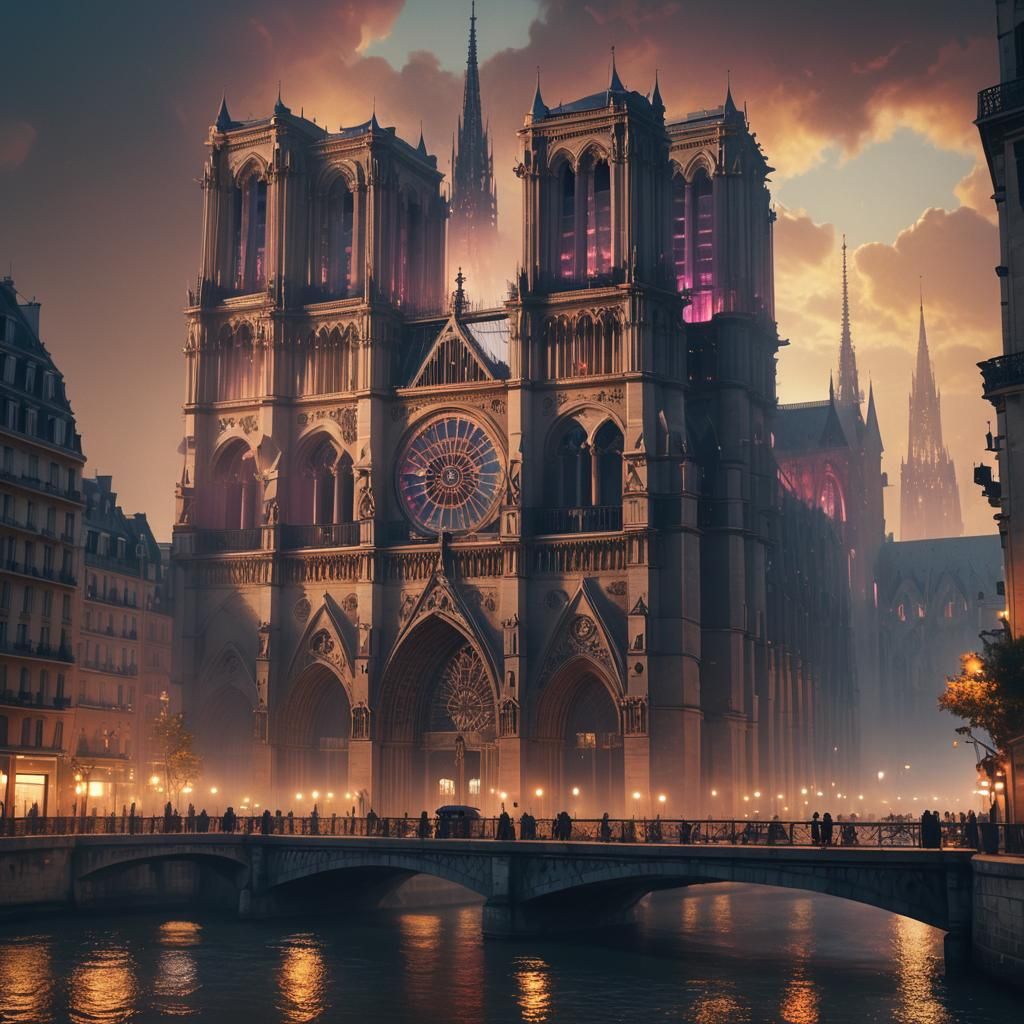 Futuristic Notre Dame in Neon Cityscape