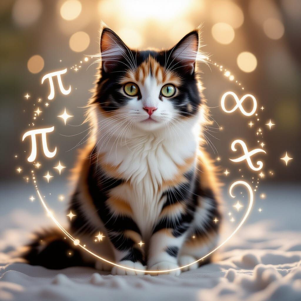 Photorealistic Calico Cat With Ethereal Math Symbols