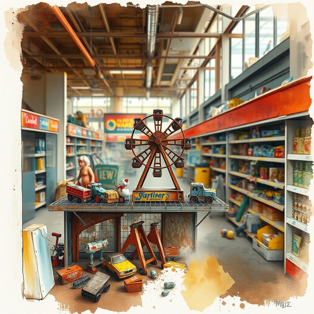 Derelict Mall: Abandoned Toys in Expressive Watercolor Style