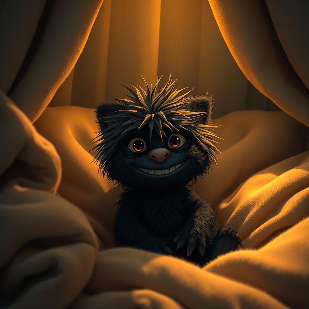 Fluffy Black Creature in Cozy Nook, Photorealistic Image