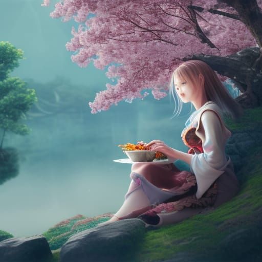 Demon Girl Under Sakura Tree: Fantasy Concept Art