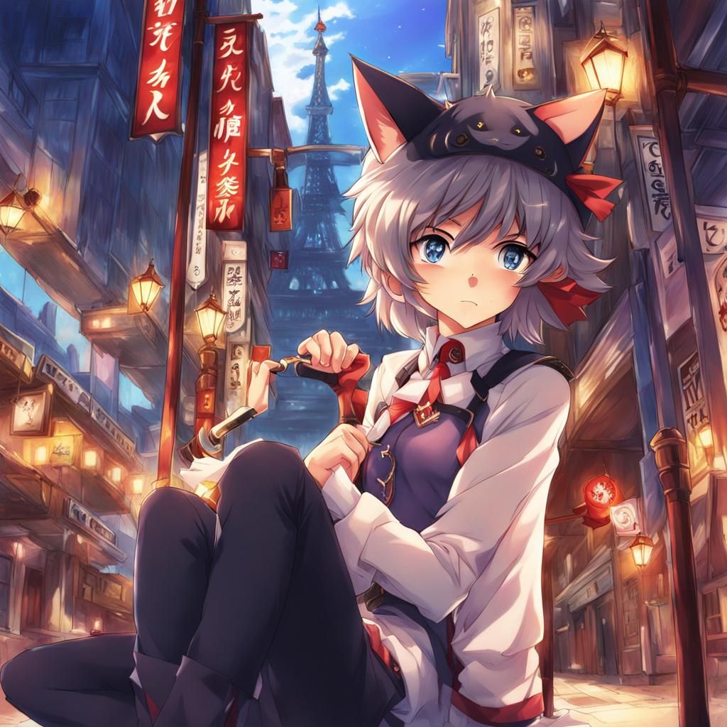 Feminine Catboy in Anime Style