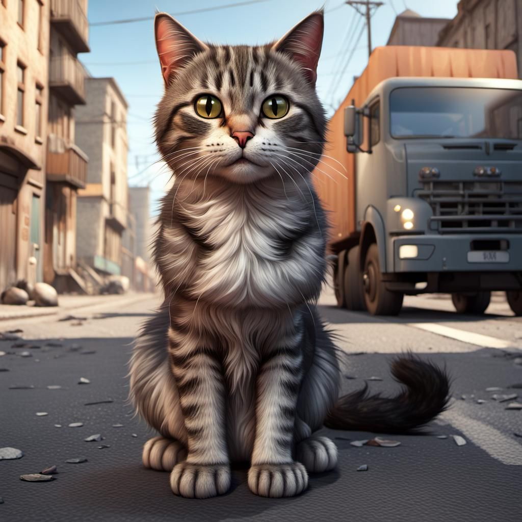 Cat Grooming Unaware of Approaching Truck: 3D Digital Art