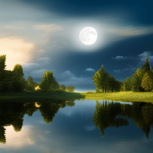 Moonlit Pool Reflection in Forest Clearing