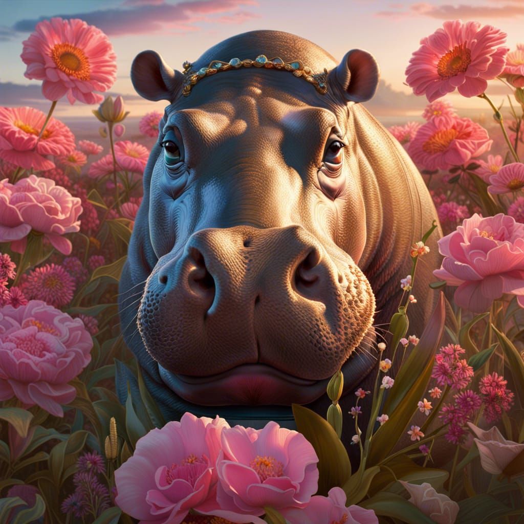 Hippo with Zippo on Floral Beach, Hyperrealism
