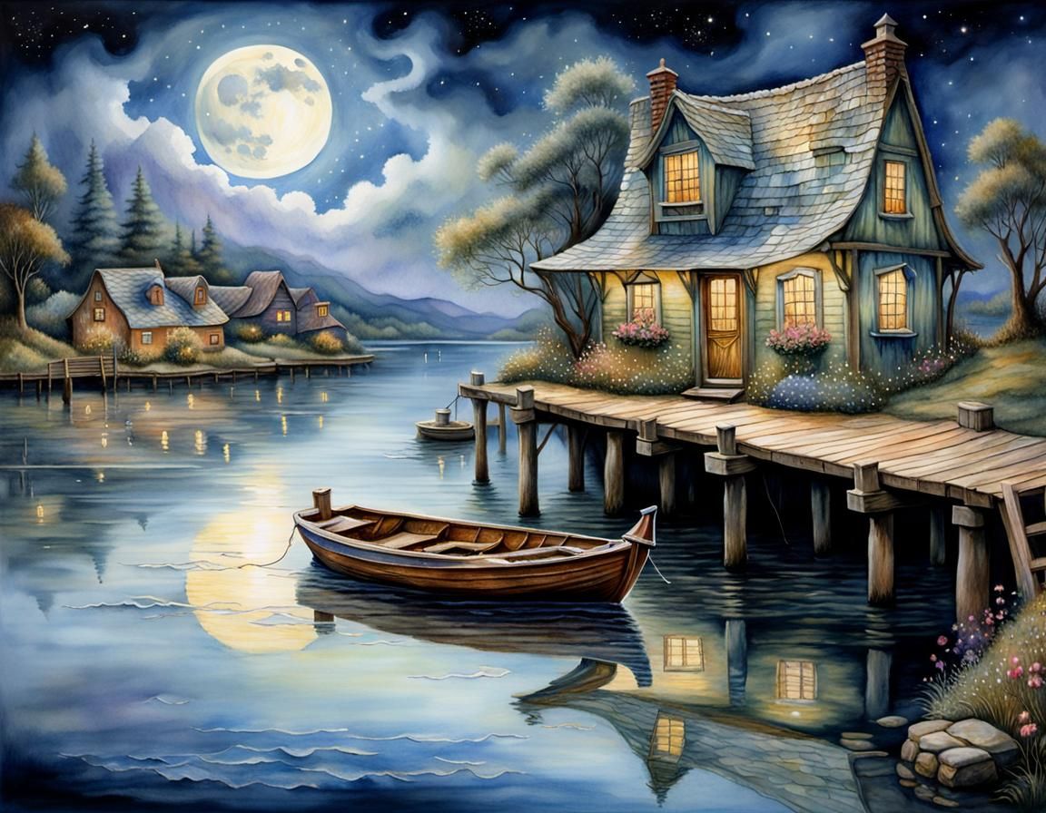 Charming Village on Water in Detailed Watercolor