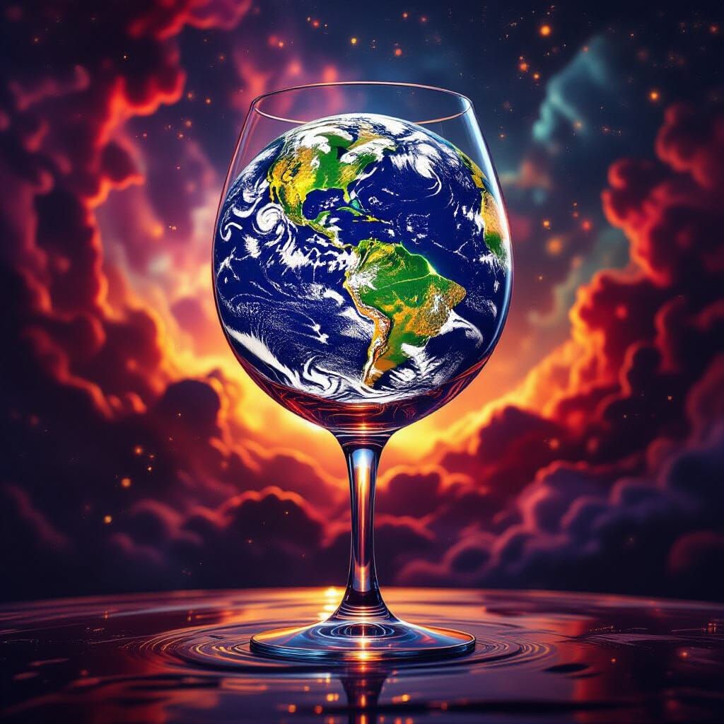 Planet Earth Sinks into Wine Glass: Hyperrealistic Splash Ar...