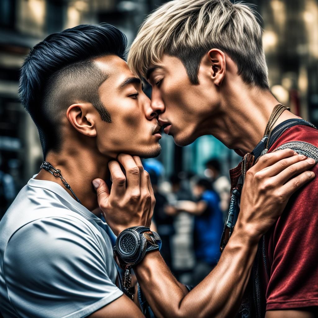 Hyperrealistic Image of an Asian Man Kissing a Blond Man