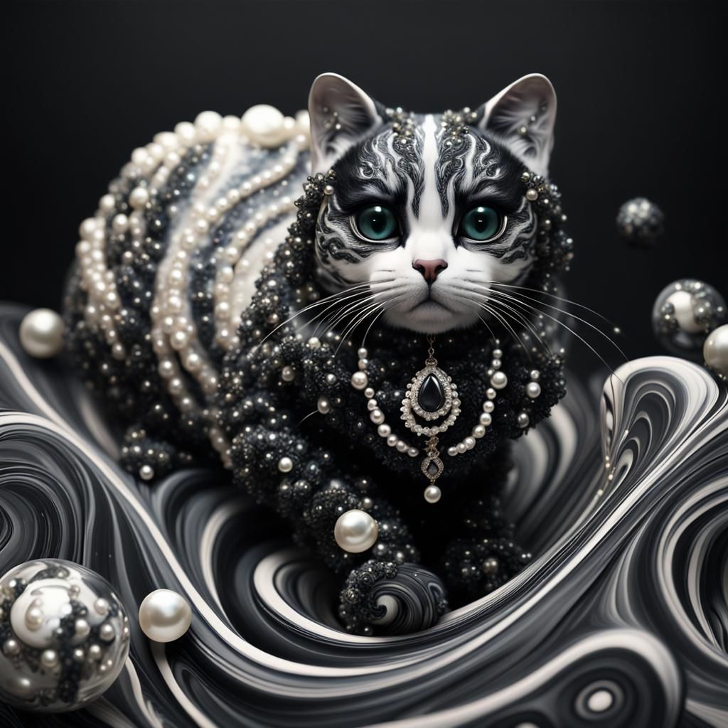 Opulent Marble Cat with Pearls and Diamonds