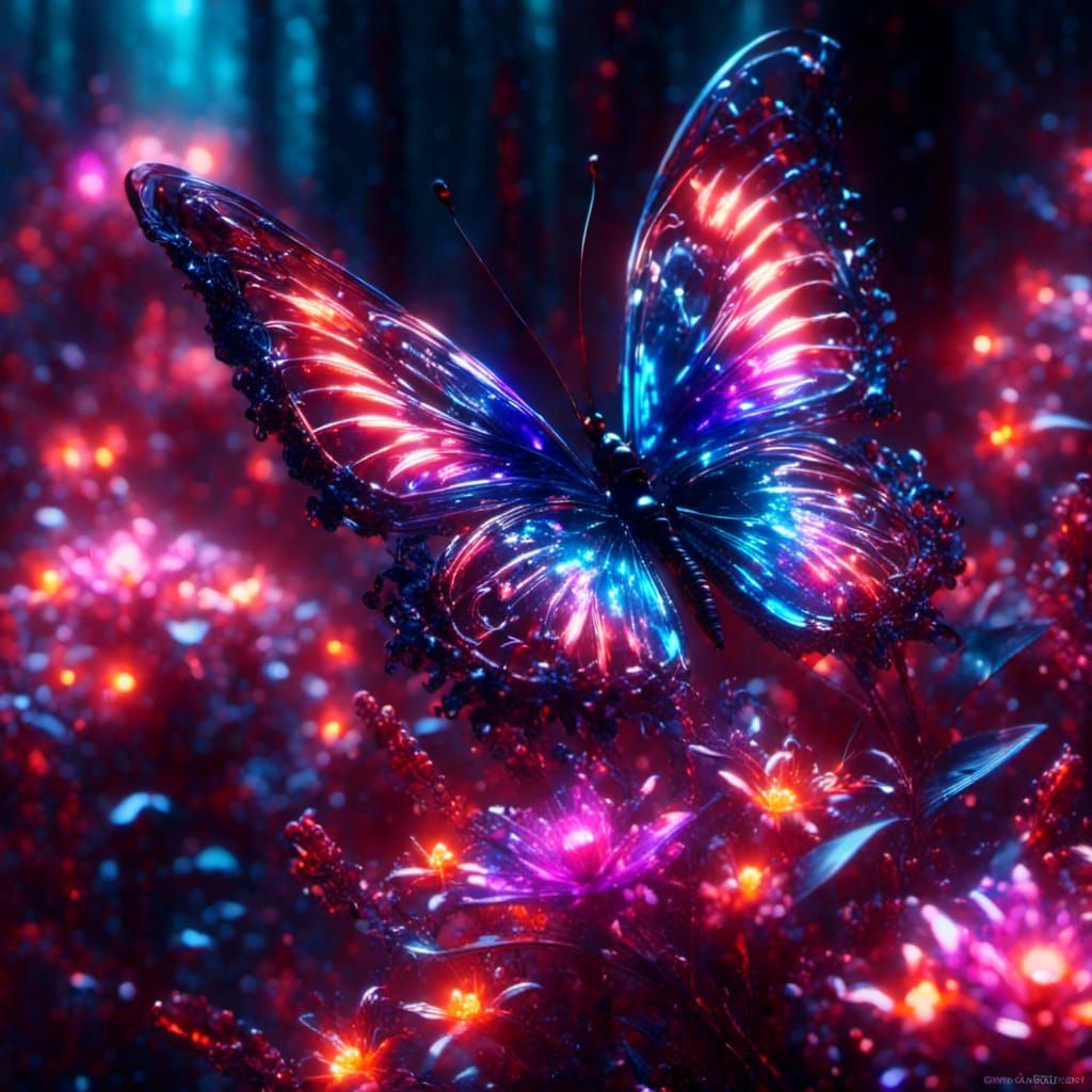 Glass Butterfly on Neon Flower in Enchanted Forest