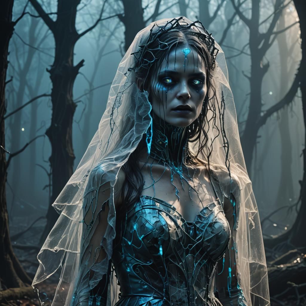 Undead Bride in Cyberpunk Neon Noir Woods