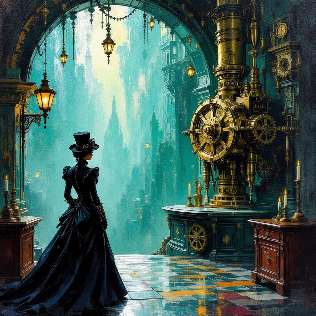 Steampunk Matrix Scene in Impasto Gouache Style