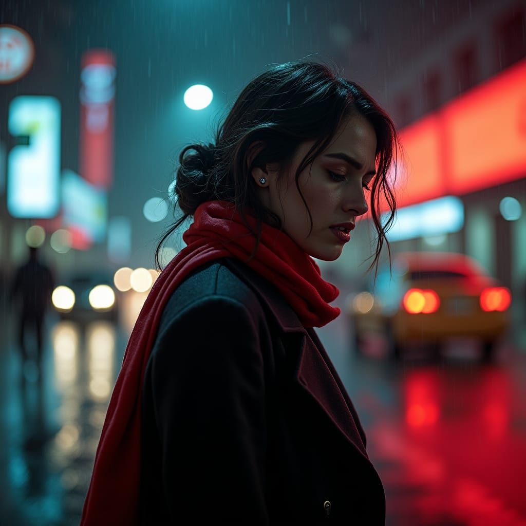 Heartbroken Woman in Rainy Cityscape, Cinematic Style