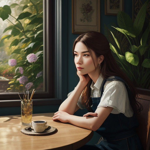 Young Woman in Cozy Cafe: Hyperrealistic Concept Art