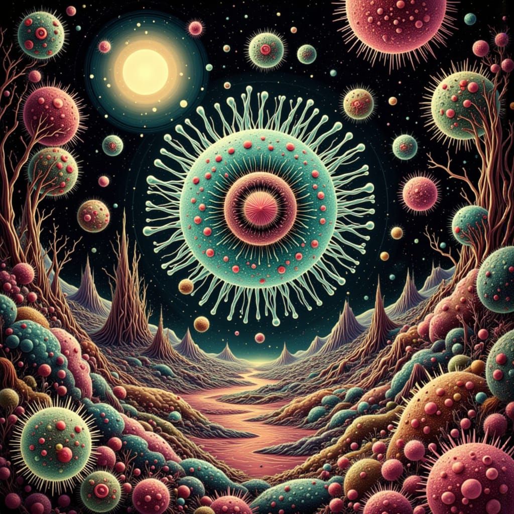 Surreal Microscopic Battle in Retro Sci-Fi Style