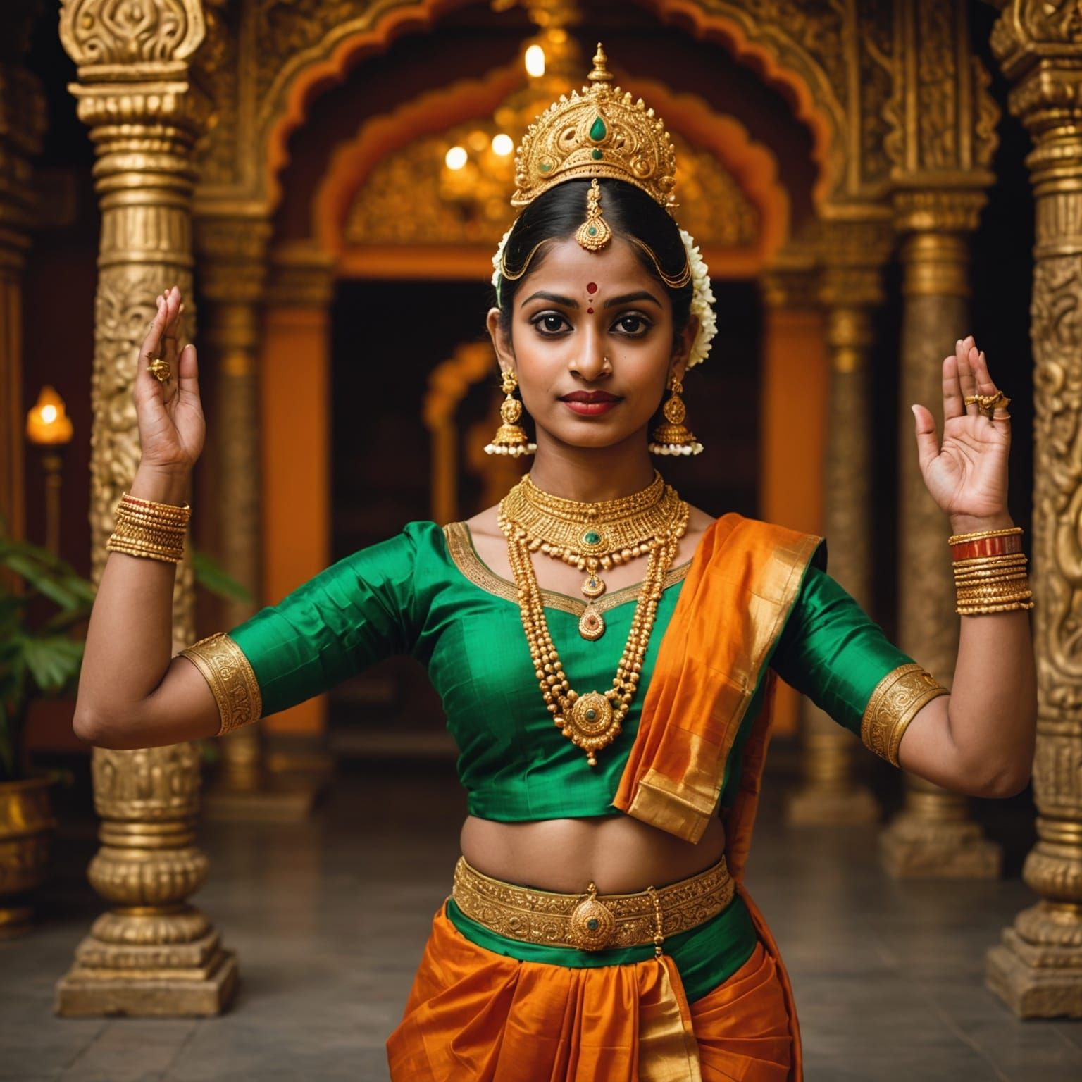 South Indian Girl Performing Bharatanatyam in Temple