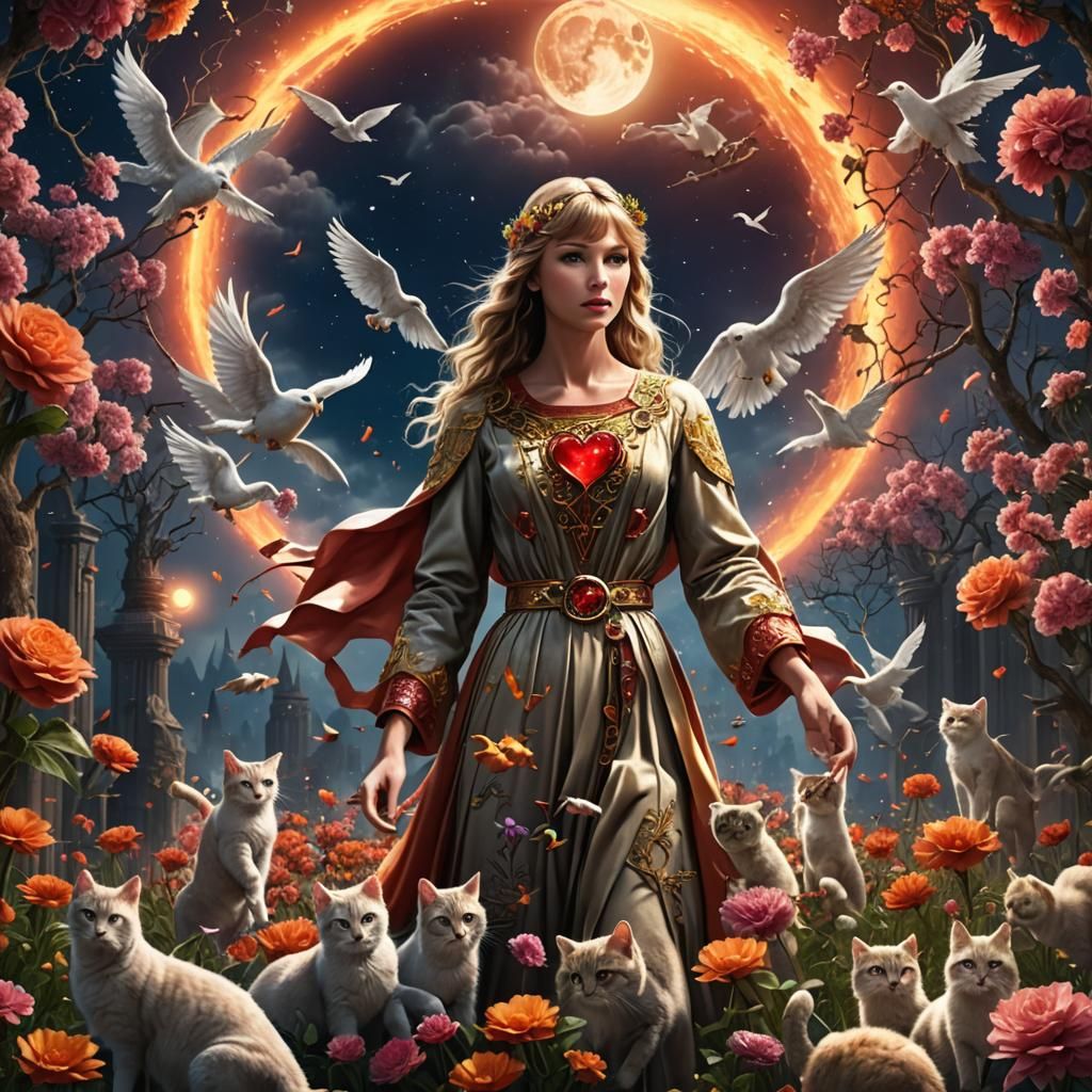 Surreal Burning Heart with Flying Cats and Angels