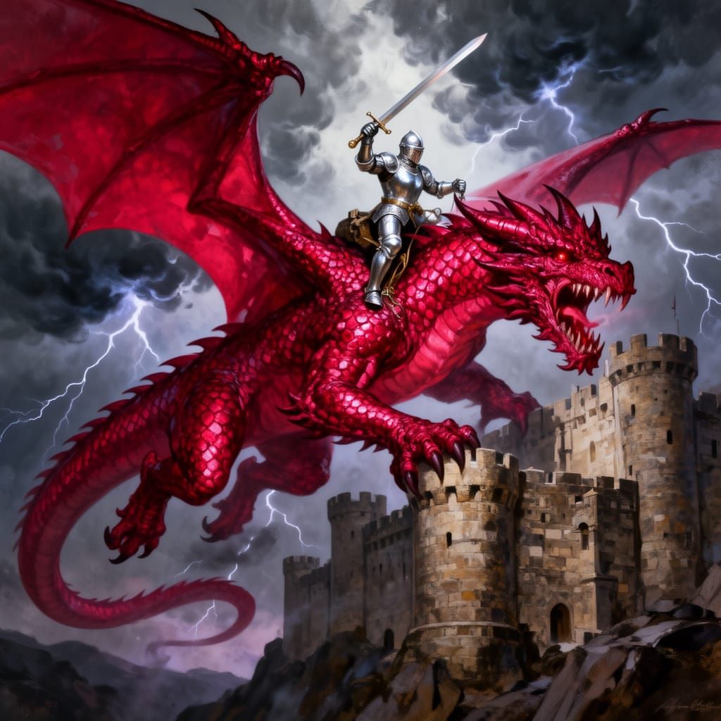 Red Dragon Knight Attacks Castle in Epic Fantasy Art